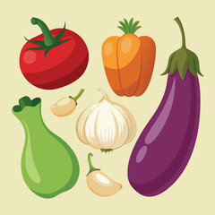 Realistic Raw Vegetables with Sliced Icons: Pepper, Eggplant, Garlic, Mushroom, and Courgette