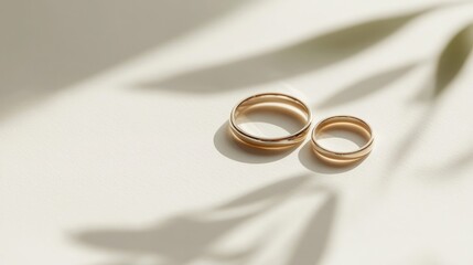 Elegant wedding invitation with a white background and minimalist typography, paired with delicate gold foil accents and a soft illustration of wedding rings, captured with soft natural 