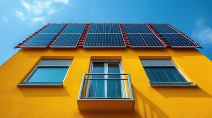 A modern yellow building with solar panels on the roof under a clear blue sky.