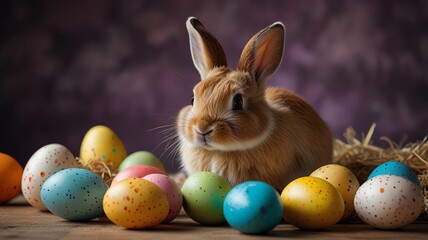 Easter bunny with colorful eggs basket
