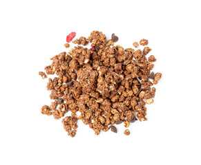 Chocolate Brownie Granola Pile Isolated, Cocoa Muesli, Crunchy Cereals, Oatmeal with Dried Cherries