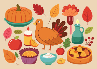 Watercolor set for thanksgiving day: falling leaves, pumpkins, sweater, hat, candles and other.