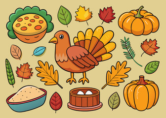 Watercolor set for thanksgiving day: falling leaves, pumpkins, sweater, hat, candles and other.