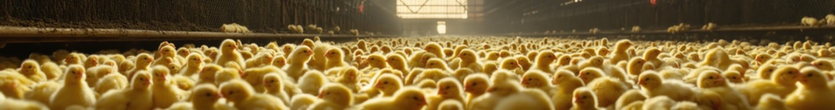 In a spacious poultry house, numerous fluffy chicks fill the floor, basking in the warm glow of morning sunlight that filters through the structure