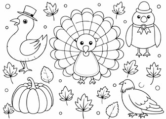 Watercolor set for thanksgiving day: falling leaves, pumpkins, sweater, hat, candles and other. Perfect for menu, cooking, packing, card