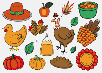Thanksgiving day celebration 3d realistic set. Bundle of turkey, dishes, vegetables, fruits, pie, pumpkin, apple, autumn on a transparent background