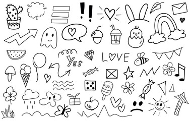 Big set of cartoon doodle hand drawn elements. Line art. Crowns, hearts, stars, flowers, sparkles, arrows, lightnings, smiley, signs and other funny design elements іsolated on white background.