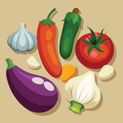 Realistic Raw Vegetables with Sliced Icons: Pepper, Eggplant, Garlic, Mushroom, and Courgette