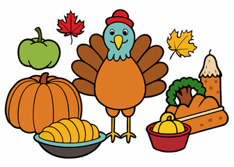Happy Thanksgiving Day Vector Illustration with Turkey, Pumpkins, Leaves, and Various Other Elements