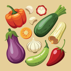 Realistic Raw Vegetables with Sliced Icons: Pepper, Eggplant, Garlic, Mushroom, and Courgette