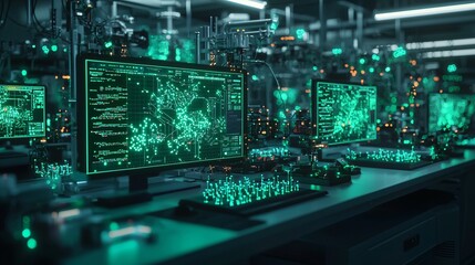Fototapeta premium Futuristic Technology Lab with Glowing Data Screens and Circuit Boards