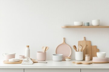 Fototapeta premium Modern minimalist kitchen decor featuring pastel pink and wooden utensils