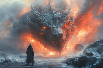  A knight holding an ancient glowing artifact, activating a mechanical dragon. A fusion of magic and technology, with the dragon’s glowing eyes, cinematic lighting, and an epic fantasy atmosphere.
