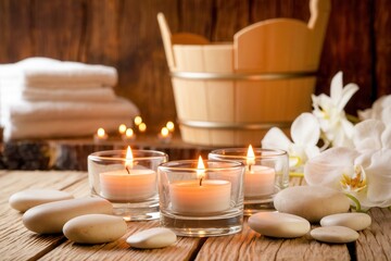 Sauna - Drei brennende Glaskerzen auf Holz, umgeben von glatten weißen Steinen, schaffen entspannte Wellness-Atmosphäre