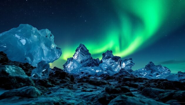 Aurora Borealis lights up icy landscape under a starry sky with frozen chunks - Powered by Adobe