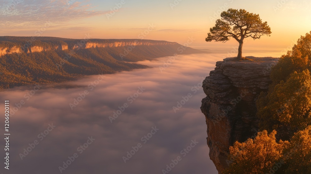 Poster a solitary pine tree stands on the edge of a cliff overlooking a misty mountain range, illuminated b
