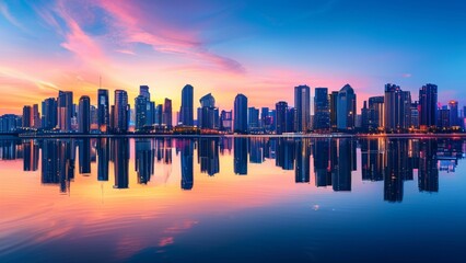 Fototapeta premium Vibrant sunset over the skyline of a modern city reflecting on a calm body of water during twilight hours