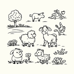 Farm Animal Line Art Drawings Detailed Sketches of Farm Animals for Nature Art and Design