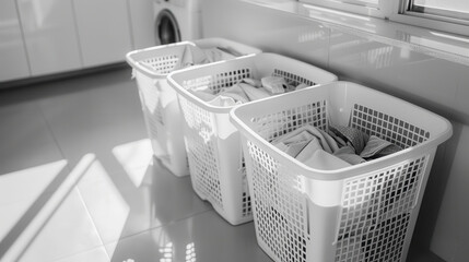 Organized laundry baskets filled with clean fabric in bright room