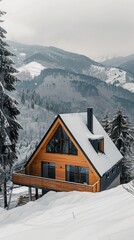 Fototapeta premium Snow-covered A-frame wooden house in a scenic mountain environment during winter..