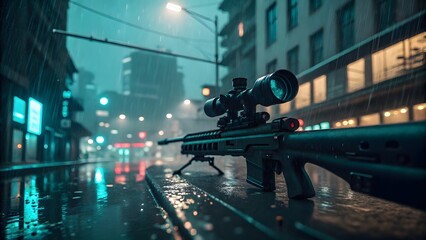 Cyberpunk Sniper Rifle in Rainy Urban Night with Neon Lights V8