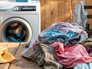 Freshly washed clothes piled on wooden table near washing machine
