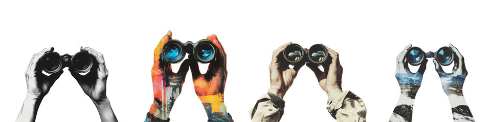 Collection of Contemporary artistic collage depicting handss holding binoculars against isolated on transparent or white background with space for text