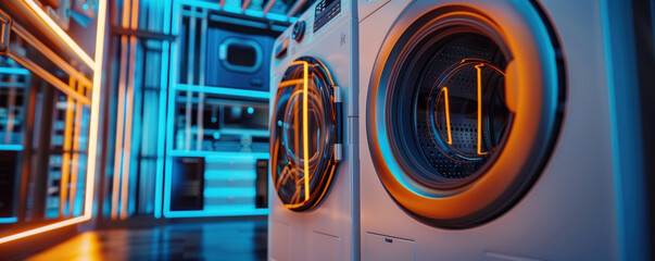 Futuristic self cleaning washing machines in modern laundry room
