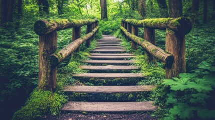 Serene Mossy Stairway in a Lush Forest