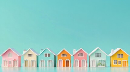 Miniature houses in row with pastel colors, representing concept of housing and real estate. vibrant colors evoke sense of optimism and growth in housing market