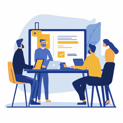 Business Discussion. Vector cartoon illustration in a flat style of a group of diverse people leading a discussion at a table near a whiteboard with charts and graphs. Isolated on background