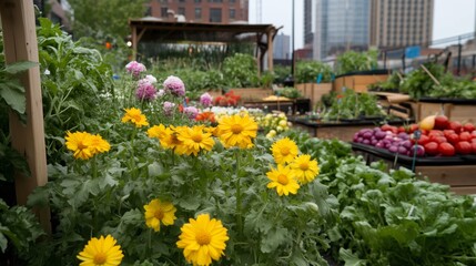 A garden with a variety of flowers and vegetables. The flowers are yellow and pink, and the vegetables include tomatoes, onions, and lettuce. The garden is located in a city