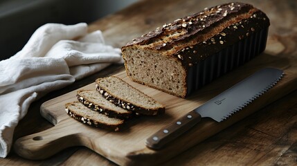 Whole grain bread with seeds sliced on wooden cutting board beside knife and cloth on rustic kitchen table