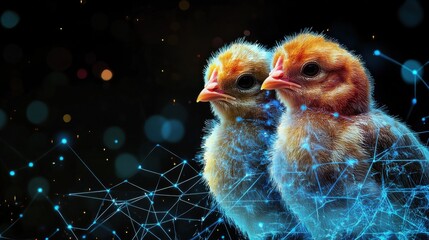 Digital illustration of chicks with blue network overlays.