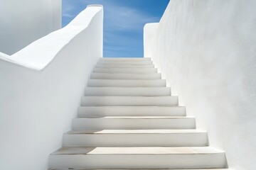 White staircase leading to blue sky in santorini greece