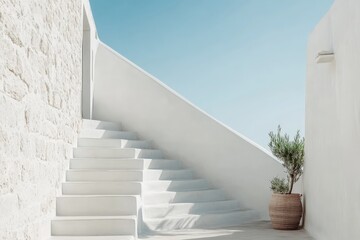 White minimalist staircase leading to bright blue sky in greece