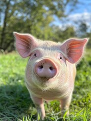 Adorable pink pig standing outdoors, farm animal close-up, cute domestic livestock on green grass background