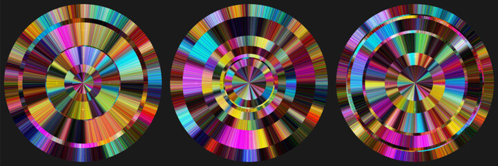 Obraz premium Set of vibrant circular anisotropic surfaces with dynamic bursts of colors and hypnotic retro-futuristic aesthetics. Colorful concentric circles with vibrant radial digital lines. Vector illustration