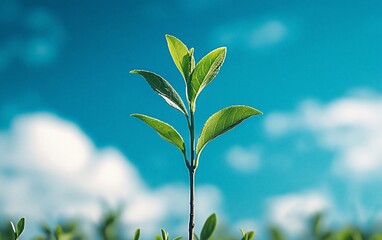 Obraz premium Young plant sprout growing against a bright blue sky.