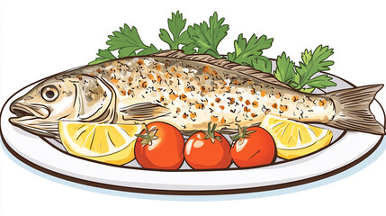 Freshly prepared fish with herbs and vegetables on a white plate ready for a delicious meal