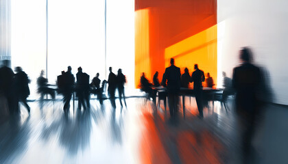 Modern office scene with blurred figures in a dynamic team meeting or brainstorming session AI Generated