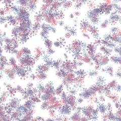 Christmas seamless hand drawn pattern of small and big snowflakes. Dark pink, faded blue, indigo, dark magenta and deep rose colors