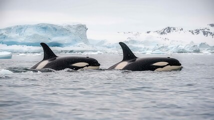 Fototapeta premium Two orcas swim gracefully in icy waters, surrounded by floating icebergs, showcasing the beauty of marine life in a polar environment.