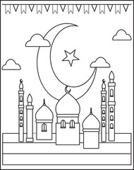 Eid Al Adha Islamic coloring book pages for children and adults with vector design.