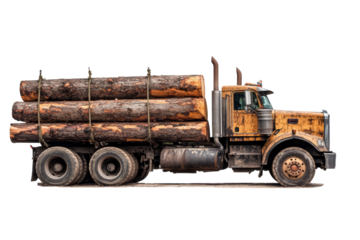 Logging truck transporting large load of freshly cut timber logs isolated on white background