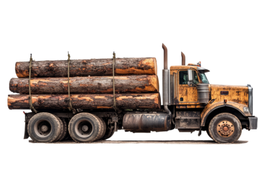 Logging truck transporting large load of freshly cut timber logs isolated on white background