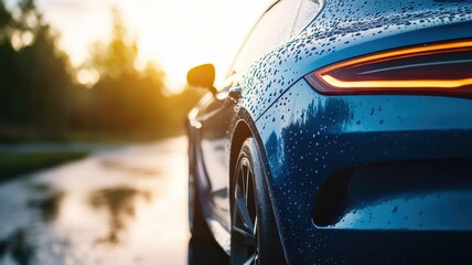 Fototapeta premium A sleek blue car glistens with raindrops, set against a sunlit backdrop, emphasizing its curves and modern design.