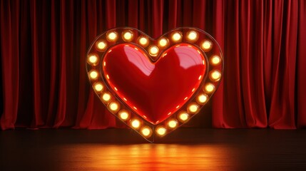 Red heart with glowing light bulbs frame around it standing on the stage with red curtains background