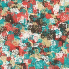 Seamless hand drawn pattern lattice shell structure design. Mixed background with different colors. Taupe, pale red, blue, sand and white colors.