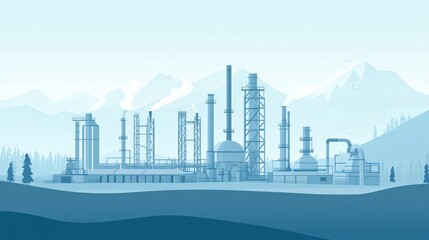 Industrial complex with smokestacks and machinery against a mountainous backdrop.